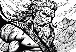 Zeus showing dominance behind a mountain with lightning behind him tattoo idea