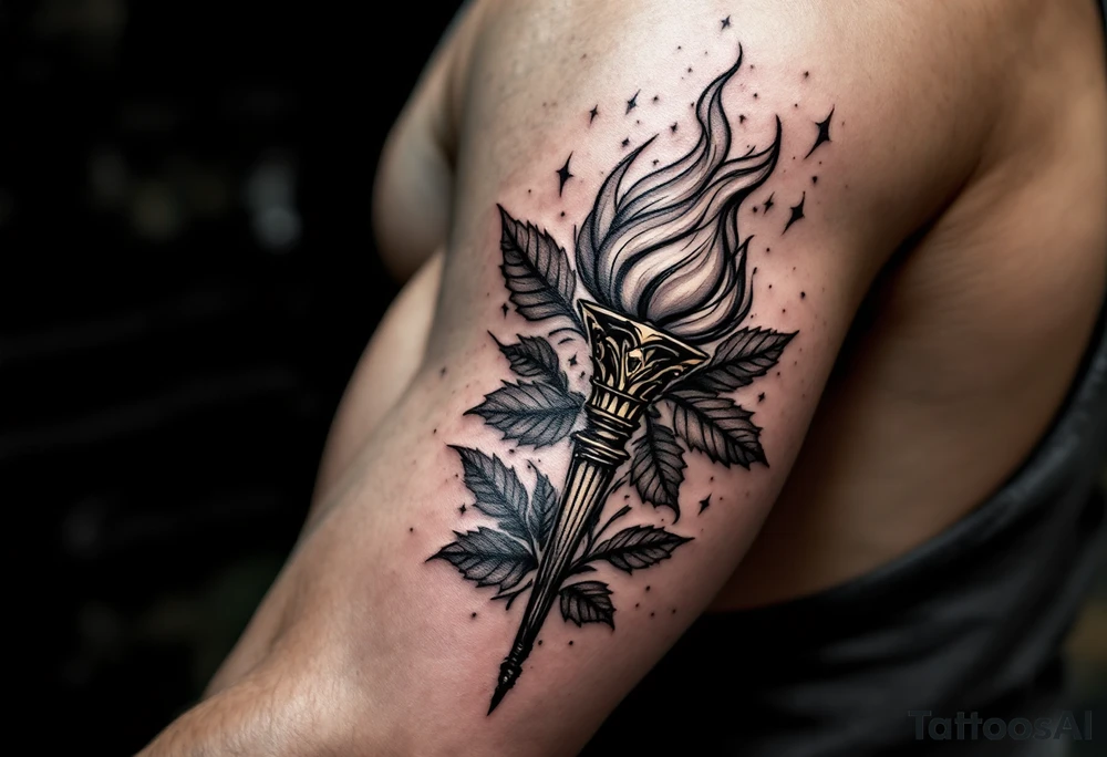 Leadership torch with a background of a lot of fig leaves tattoo idea