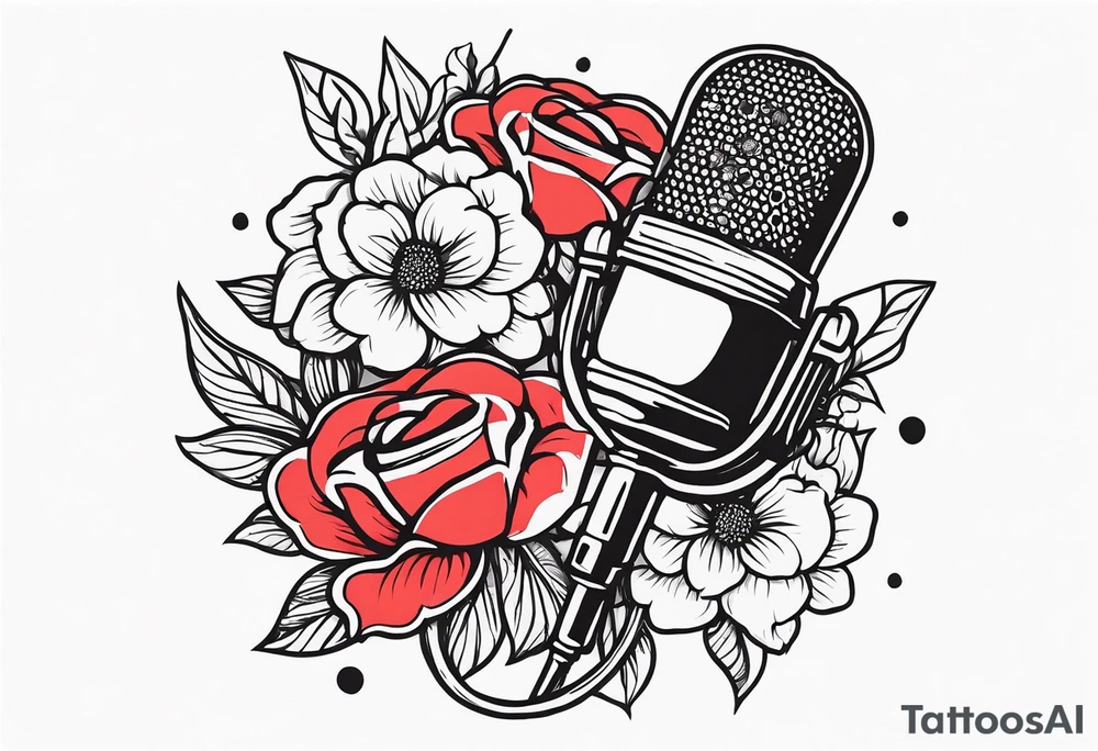 old school traditional vintage style design of lips singing into microphone with vintage flowers surrounding it tattoo idea