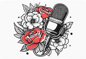 old school traditional vintage style design of lips singing into microphone with vintage flowers surrounding it tattoo idea