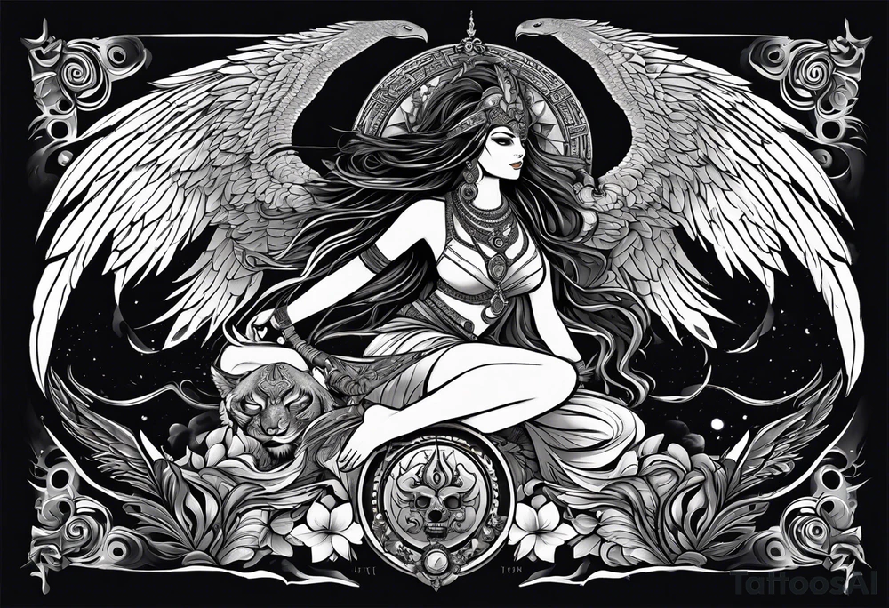 black kali, goddess pirate, alien, angel, pachamama, valkrye, warrior, flying, skull, lotus azul, wing, eagle, zenza resonance, stars, 5D, anahata chakra, death, durga, riding on a tiger, flying lady, kundalini, chest tatoo, samuri, rebel tattoo idea