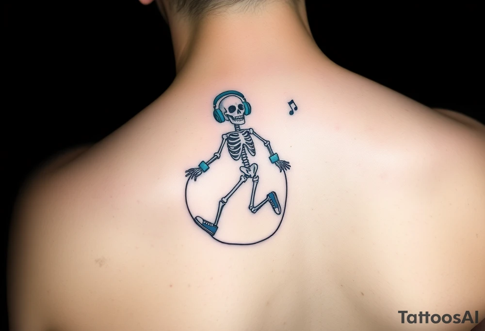 Minimalist funny looking short skeleton skipping on a jumping rope with blue headphone blue tennis shoes blue arm bands and music notes colorful tattoo idea