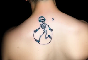 Minimalist funny looking short skeleton skipping on a jumping rope with blue headphone blue tennis shoes blue arm bands and music notes colorful tattoo idea