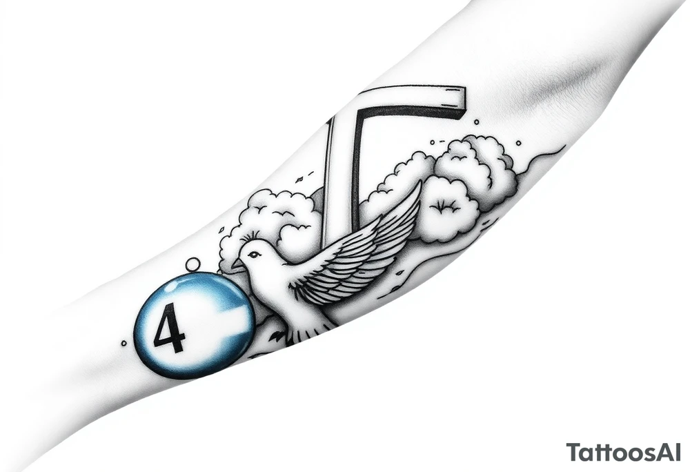 Big cross with clouds in the back with a dove a the bottom left of the forearm with a blue circle around it and the number 4 to the of the dove. all on forearm tattoo idea