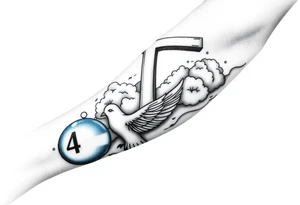 Big cross with clouds in the back with a dove a the bottom left of the forearm with a blue circle around it and the number 4 to the of the dove. all on forearm tattoo idea