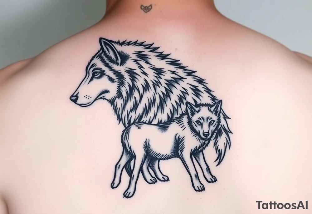 A solitary yet sublime and noble wolf and its progeny. tattoo idea