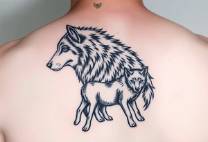 A solitary yet sublime and noble wolf and its progeny. tattoo idea