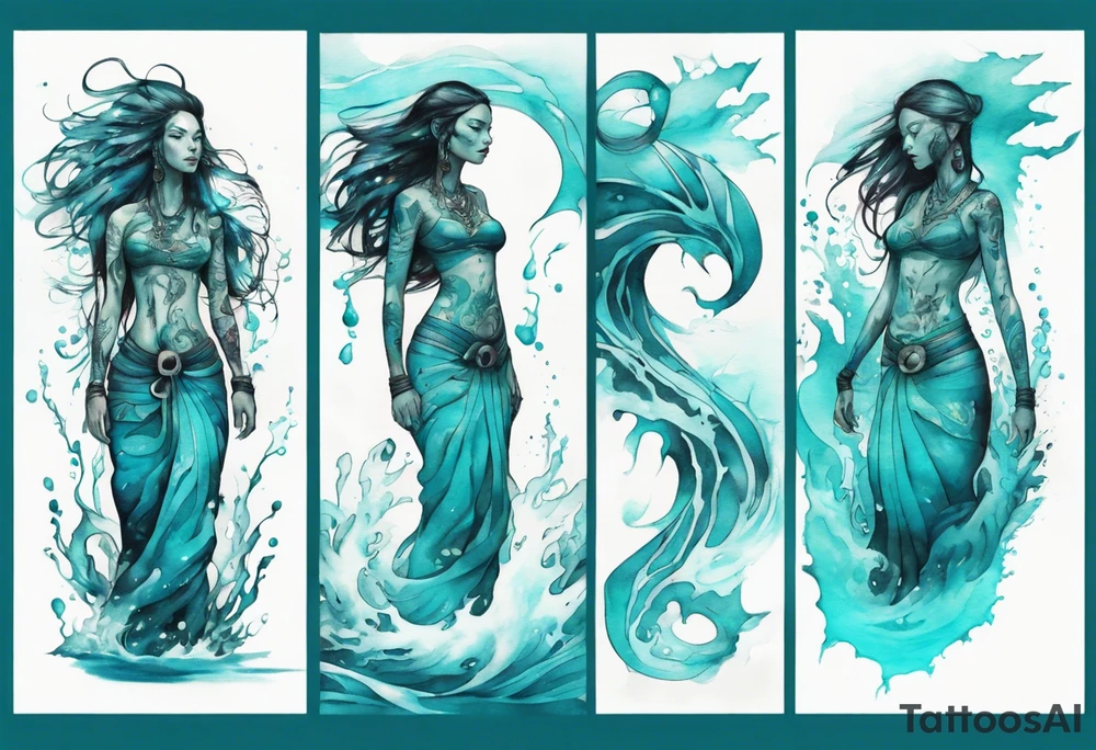 a turquoise Na'vi woman standing in the sea surrounded by crashing waves tattoo idea