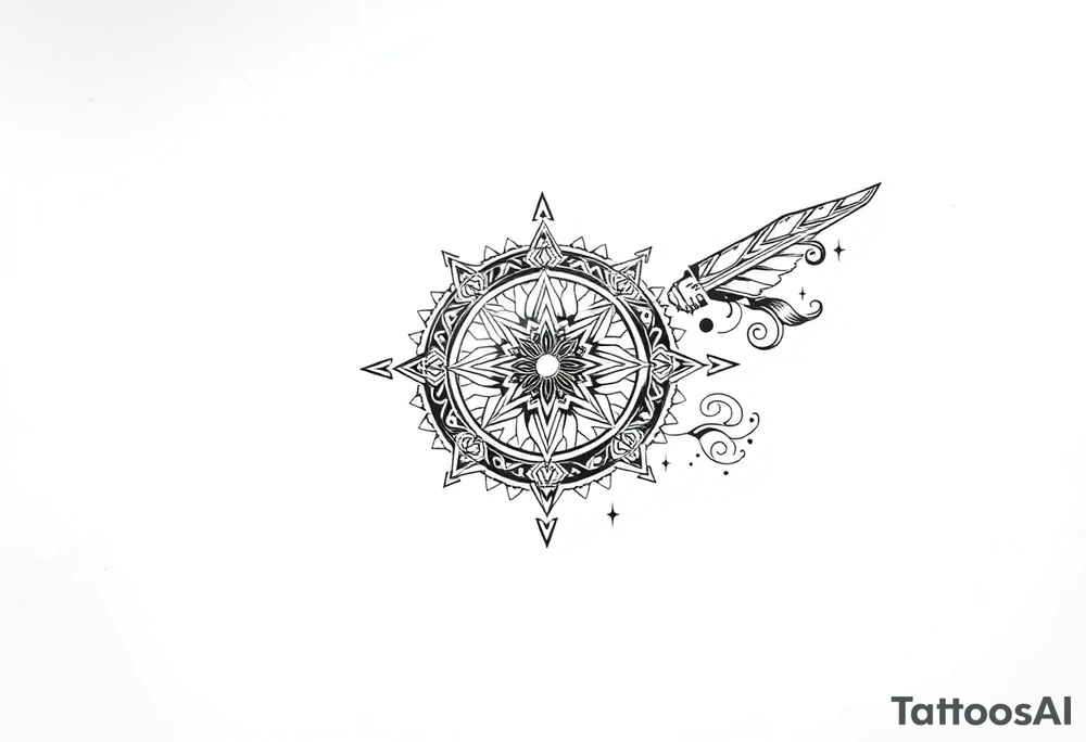 long shaman style mytical bold line with ancient rhyme tattoo idea