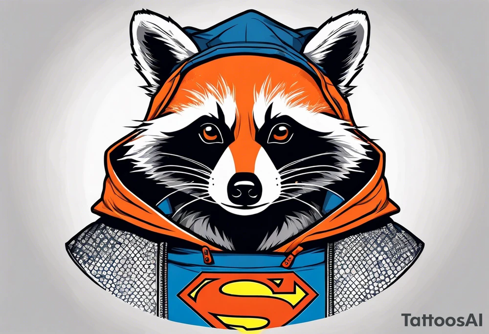Raccoon wearing an orange Superman hoodie tattoo idea