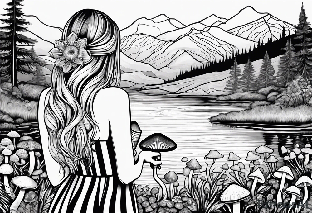 Straight long blonde hair girl in distance holding mushrooms in hand facing away toward mountains and creek surrounded by mushrooms black and white striped dress tattoo idea
