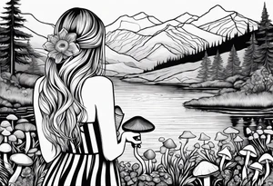 Straight long blonde hair girl in distance holding mushrooms in hand facing away toward mountains and creek surrounded by mushrooms black and white striped dress tattoo idea