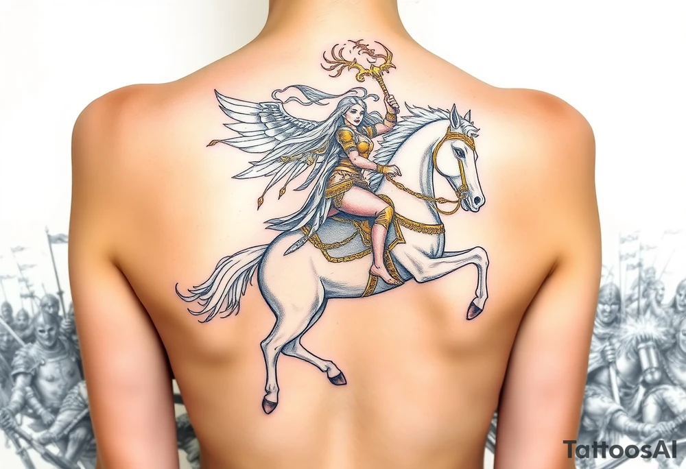 A fierce Valkyrie in golden battle armor, riding a spectral white horse through a battlefield of mist and fallen warriors tattoo idea