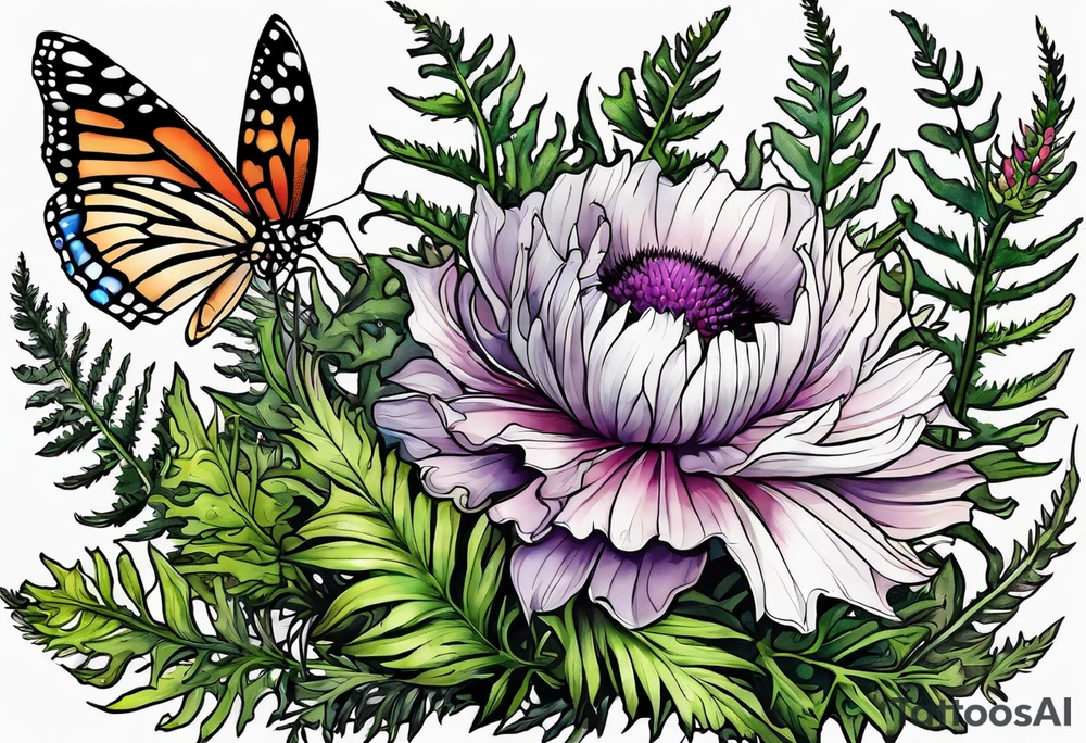 saturated mixed wildflower with ferns and thistles with color tattoo idea