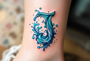 Water-themed "J" in turquoise and aqua with splash effects and ripple shading. tattoo idea