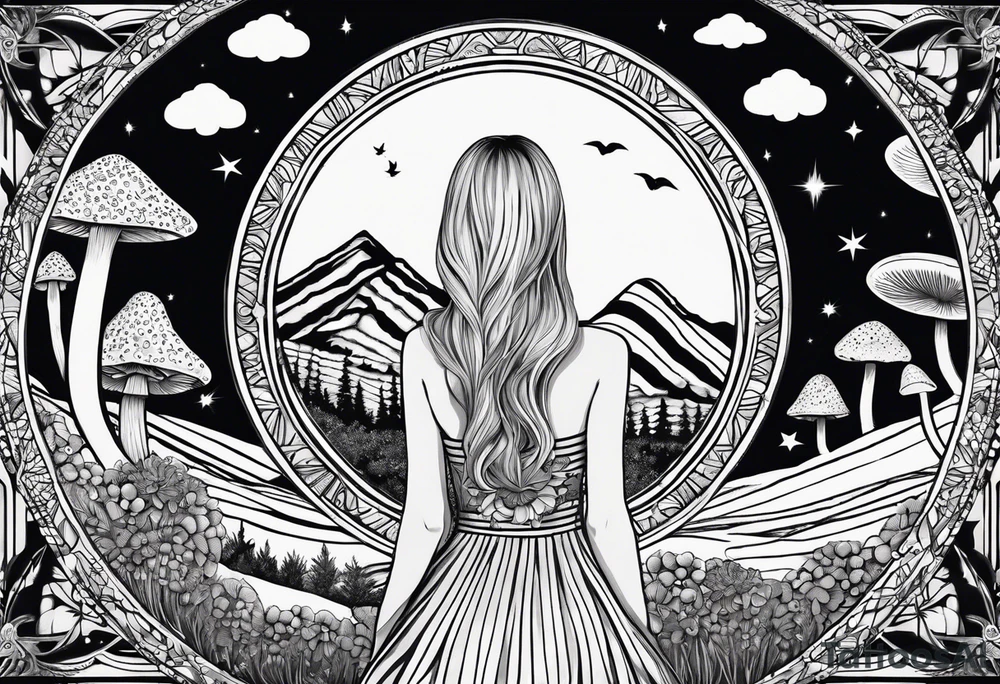 Straight blonde hair girl facing away toward mountains surrounded by mushrooms crescent moon mandala circular design black and white striped dress number 8 tattoo idea