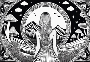 Straight blonde hair girl facing away toward mountains surrounded by mushrooms crescent moon mandala circular design black and white striped dress number 8 tattoo idea