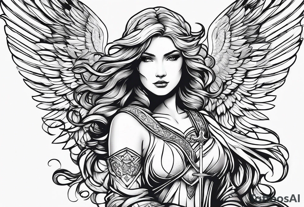 female angel with sword flying in the sky tattoo idea