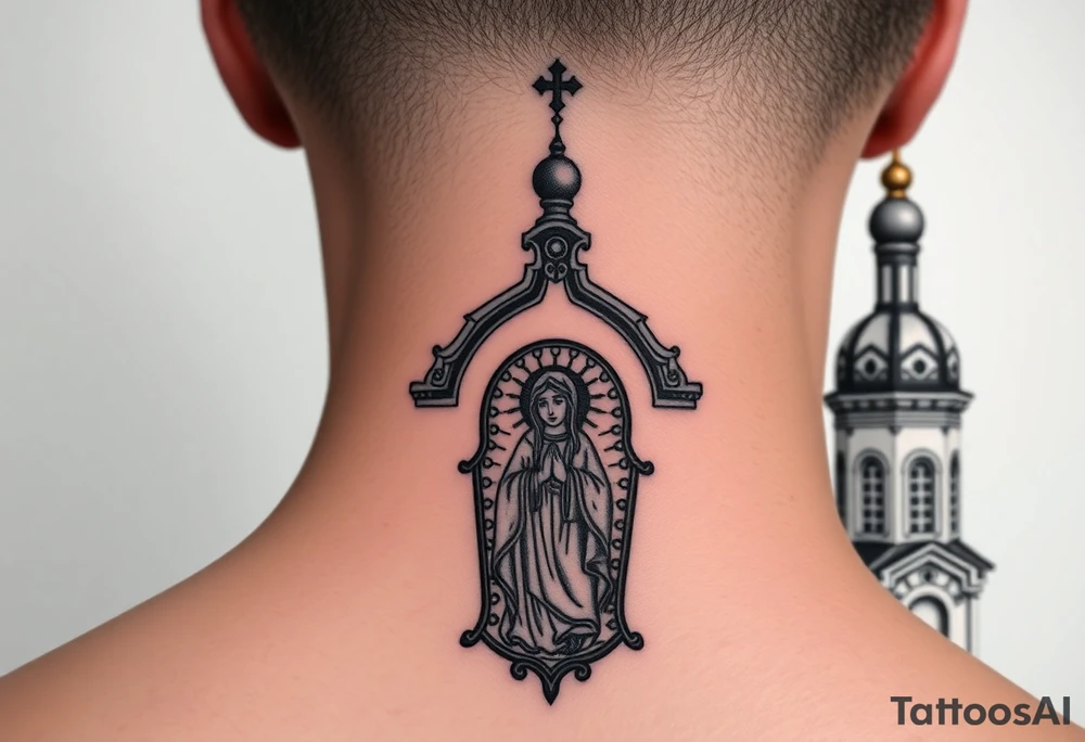 medium sized Russian orthodox church with bulb domes with a prominent russian orthodox mosaic virgin mary tattoo idea