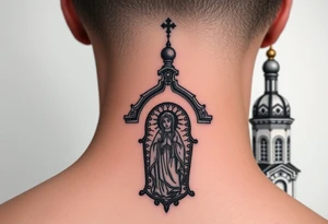 medium sized Russian orthodox church with bulb domes with a prominent russian orthodox mosaic virgin mary tattoo idea