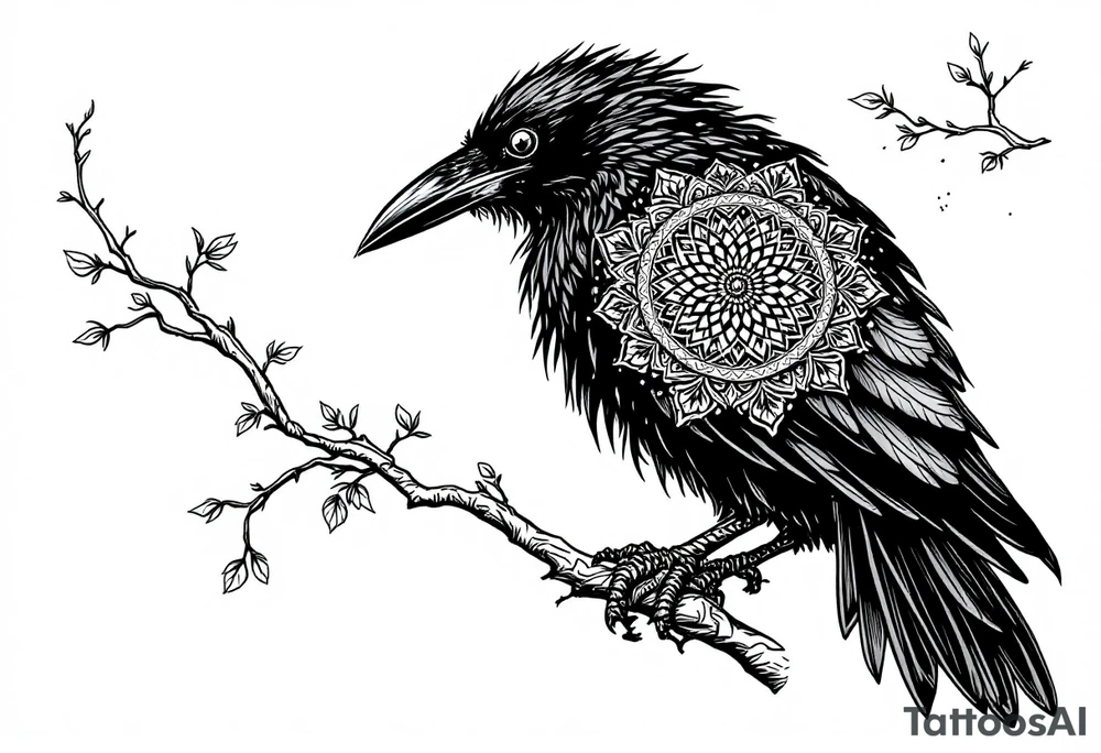Black Raven on a branch looking over its shoulder with mandala tattoo idea
