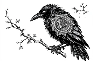 Black Raven on a branch looking over its shoulder with mandala tattoo idea