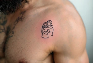 A fine-line tattoo of a father and daughter embracing, filled with soft lavender and blush tones. tattoo idea