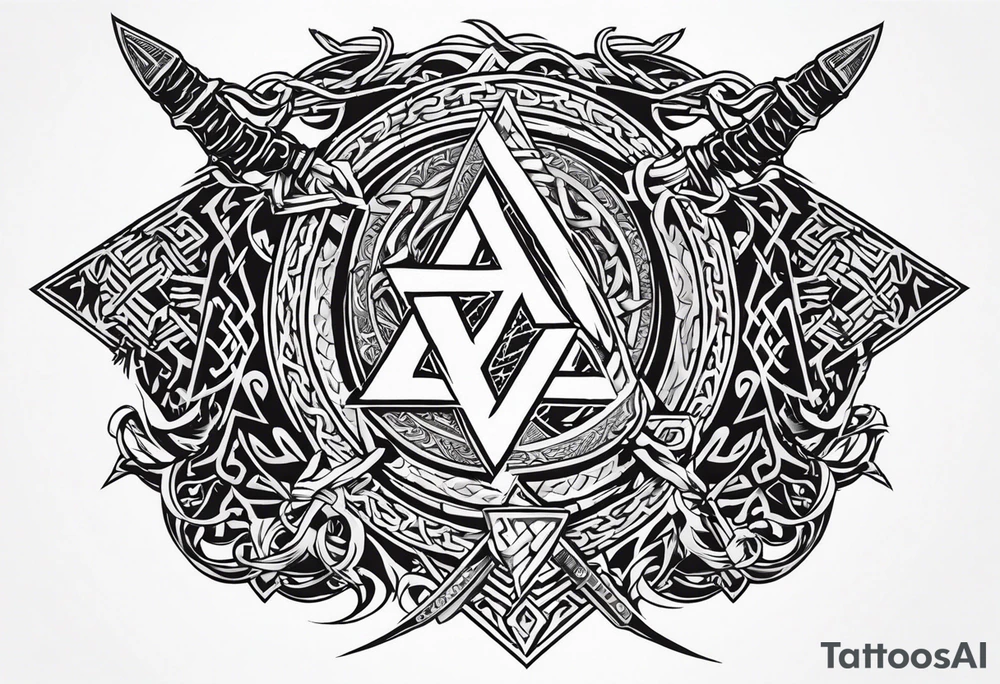 Valhalla sword shield dragon axe Valknut barbed wire chains tribal tattoo idea Valhalla sword shield dragon axe Valknut barbed wire chains tribal tattoo idea
