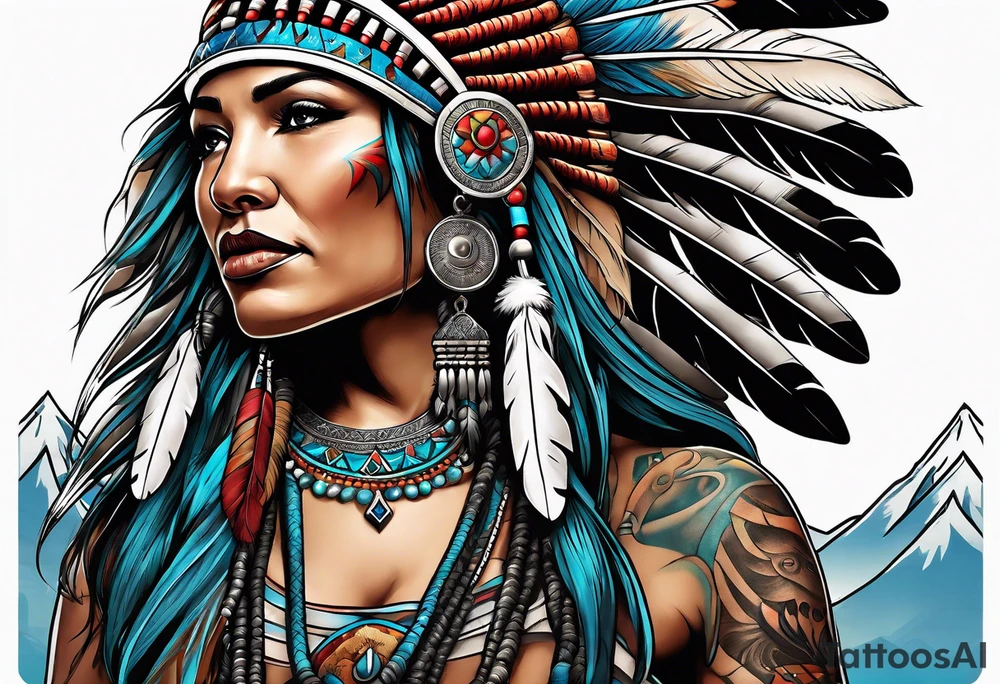 Sleeve with a female Indian chief, Atlas the titan, mountains, and Texas tattoo idea