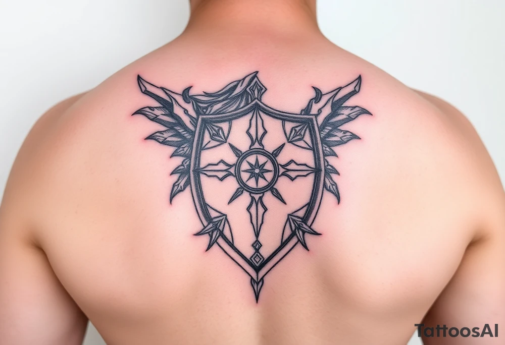Shield maiden, black work, intricate lines tattoo idea