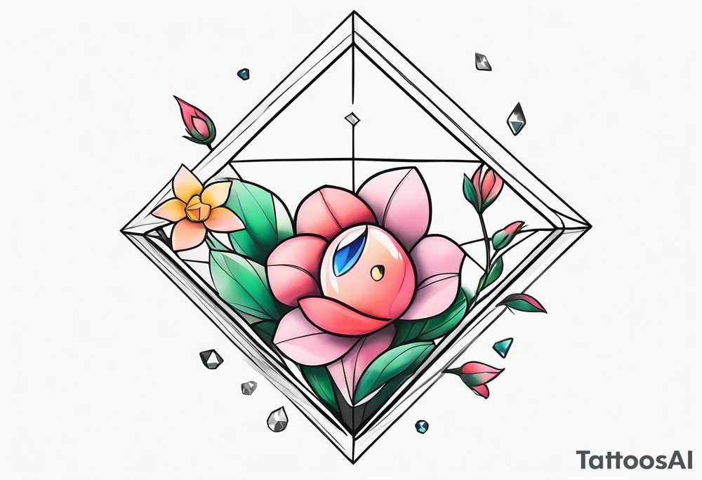 kirby with flowers inside a diamond-shaped crystal tattoo idea