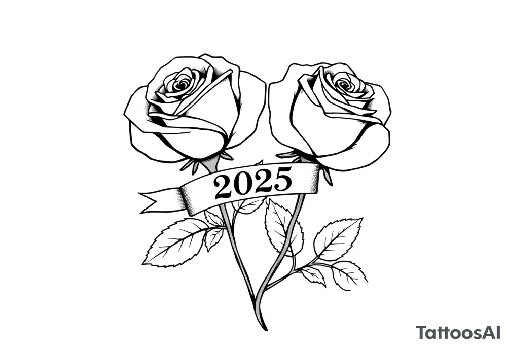 two beautiful large rose buds, one larger than the other, with many leaves next to the rose buds, with one sitting higher than the other. Include a banner connecting the two roses with the year 2025 on it.   Use dark outlines with little shading. The two stems should be short, not long, and connect and join into one stem, whimsically curved or twisted - not straight down. tattoo idea