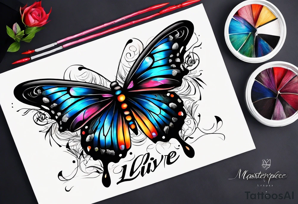 butterfly with one wing black scribbles, the other wing beautiful and colorful, the body has the date 1.9.2023 and the words written "I chose to live." tattoo idea