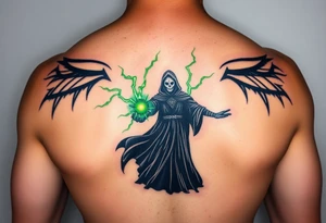 A black-robed Death Eater silhouette, casting a powerful green Avada Kedavra spell with lightning-like energy tattoo idea