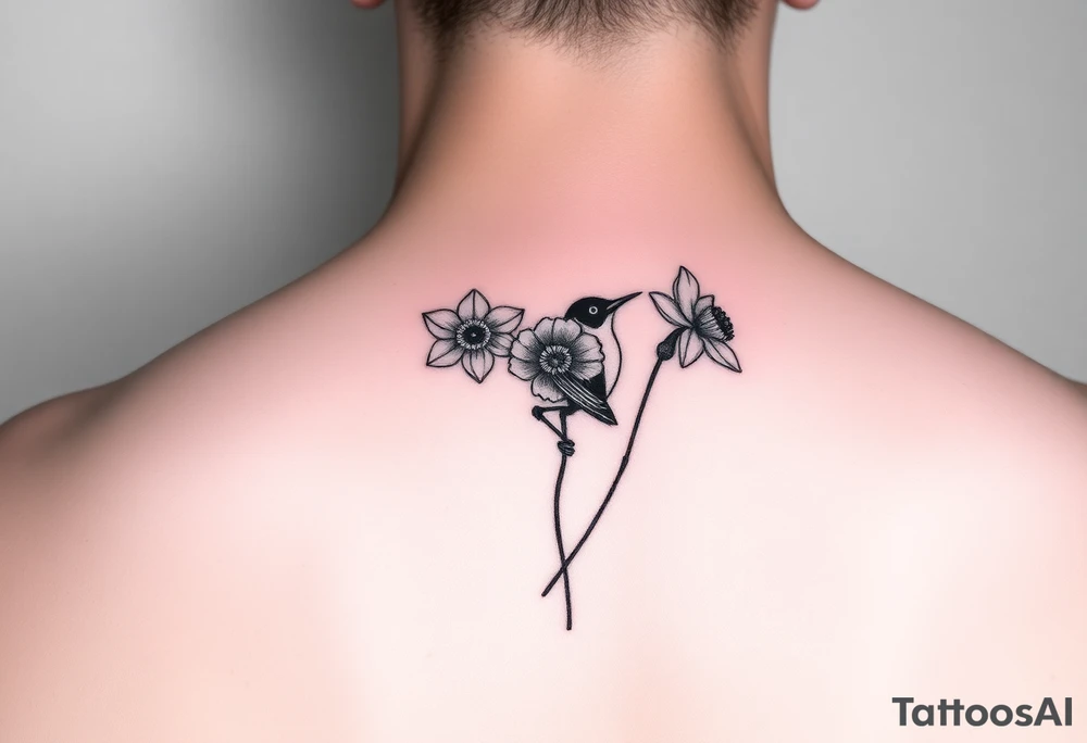Small fantail bird with a poppy and a daffodil tattoo idea