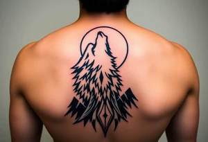 lone wolf howling at full moon with northern lights backdrop tattoo idea