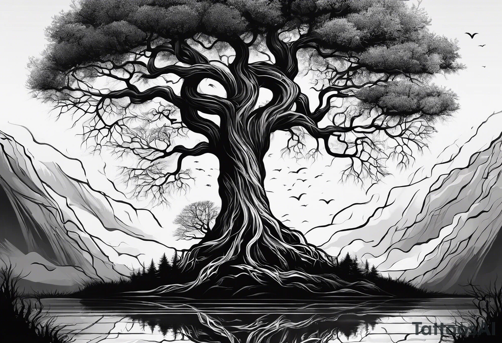 a tall tree with roots with the text of "Deep roots are not reached by the frost." around it tattoo idea