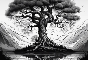 a tall tree with roots with the text of "Deep roots are not reached by the frost." around it tattoo idea