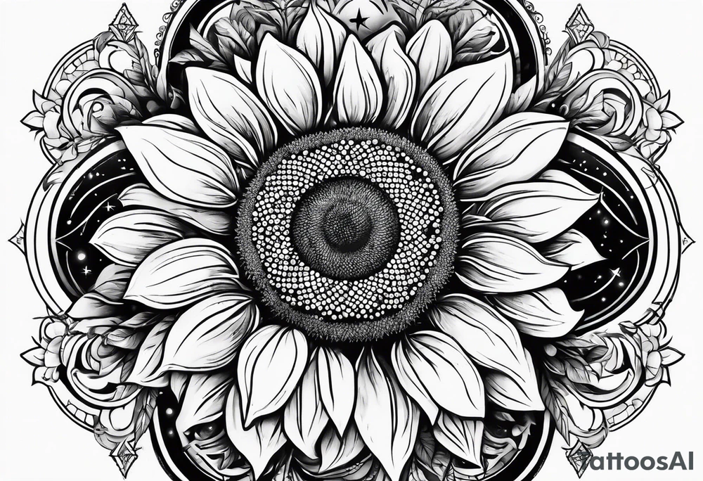 elegant tattoo with sunflower surrounded by circle of little stars and arrow tattoo idea