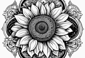 elegant tattoo with sunflower surrounded by circle of little stars and arrow tattoo idea