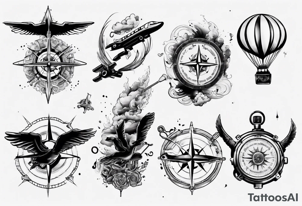 skydiving, shooting guns, compass, adventure tattoo idea