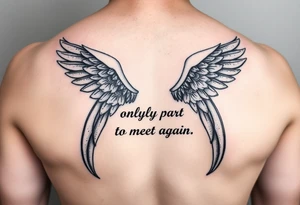 cybersiglism angel wings, quote saying "we only part to meet again", moonflowers tattoo idea