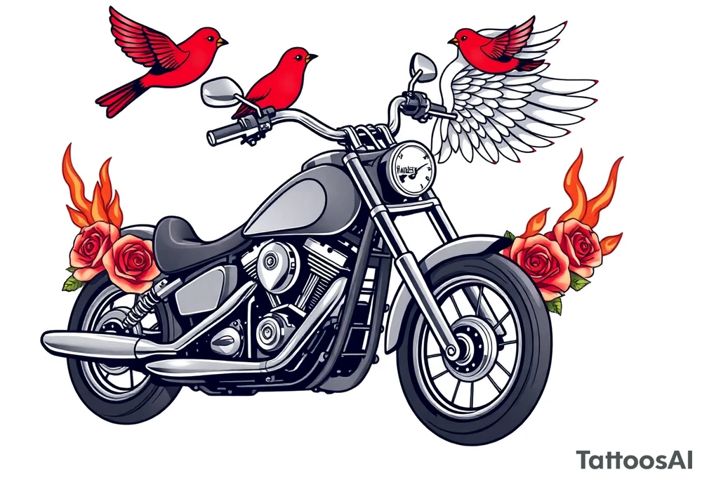 Harley grey motorcycle driving away, two red birds flying, roses, flames, angel wings tattoo idea