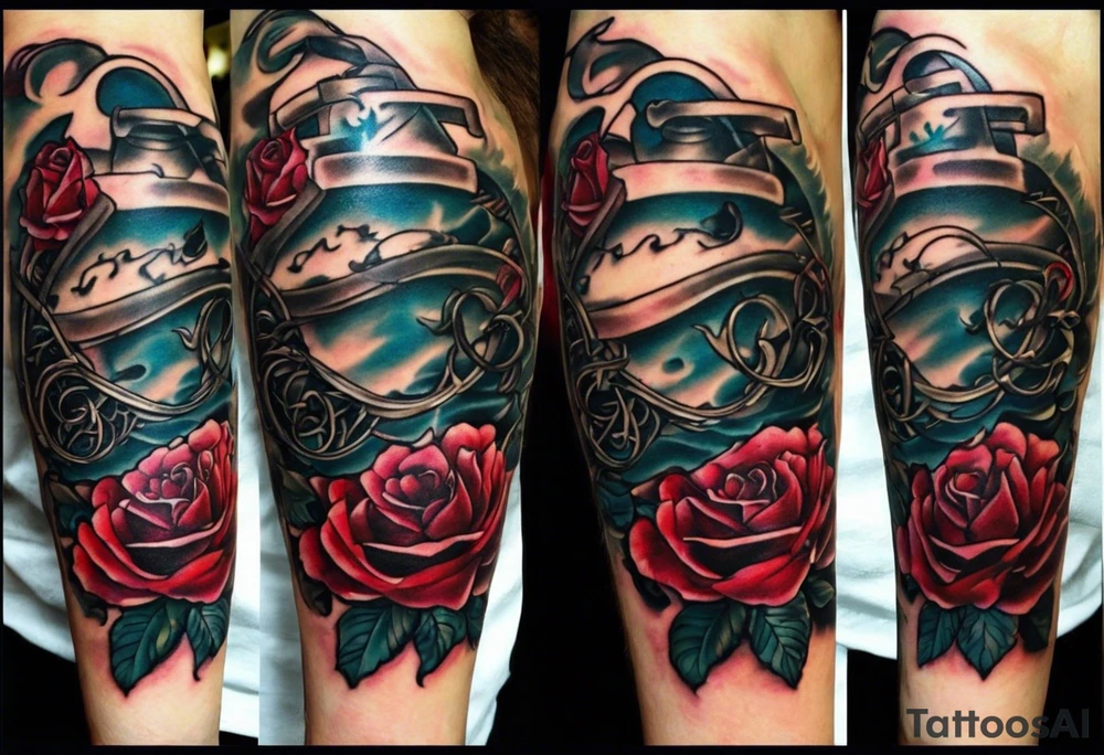 Ok so on my forearm I was wanting like a nitrous bottle with a line going into my veins and like lines weaving in and out of my veins all the way up to my chest and have a turbo heart on my left peck but on the I was also wanting brother hood embedded on the lines tattoo idea