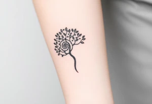 Fibonacci spiral shell on side of base of tree full of lots of leaves tattoo idea