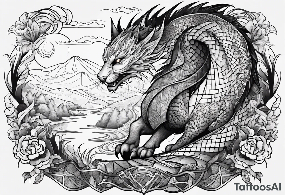 cat and dragon in landscape tattoo idea