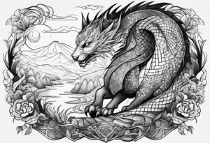 cat and dragon in landscape tattoo idea