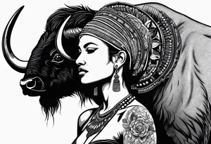 buffalo standing with head turned towards the viewer. woman with bead headband sitting on the buffalo's back,  with head turned toward viewer tattoo idea