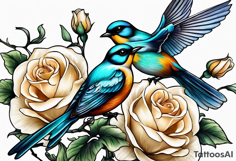 Two birds sitting on a stem of White roses with another bird flying in to land on stem tattoo idea
