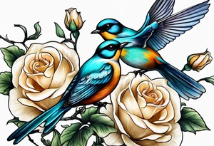 Two birds sitting on a stem of White roses with another bird flying in to land on stem tattoo idea